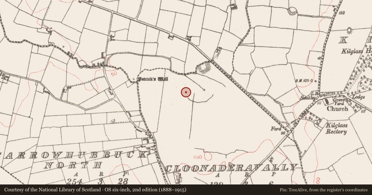 Ordnance Survey six-inch map, 2nd edition (1888–1915) covering the location of Souterrain, Cloonaderavally, County Sligo, with a pin at the register's coordinates