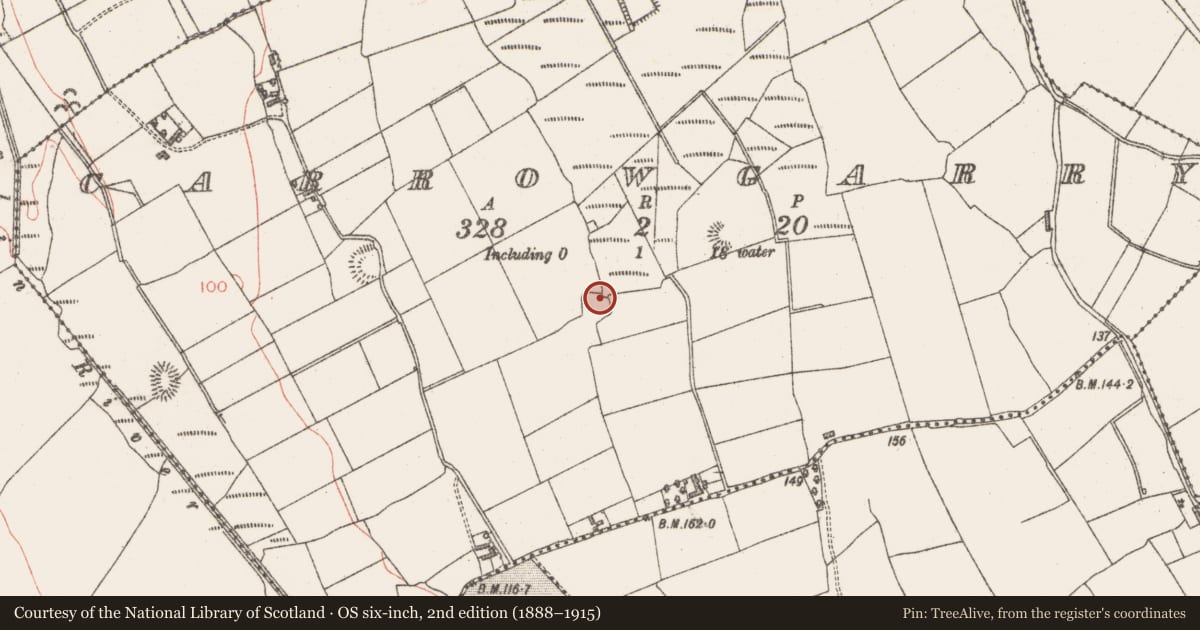 Ordnance Survey six-inch map, 2nd edition (1888–1915) covering the location of Enclosure, Carrowgarry, County Sligo, with a pin at the register's coordinates