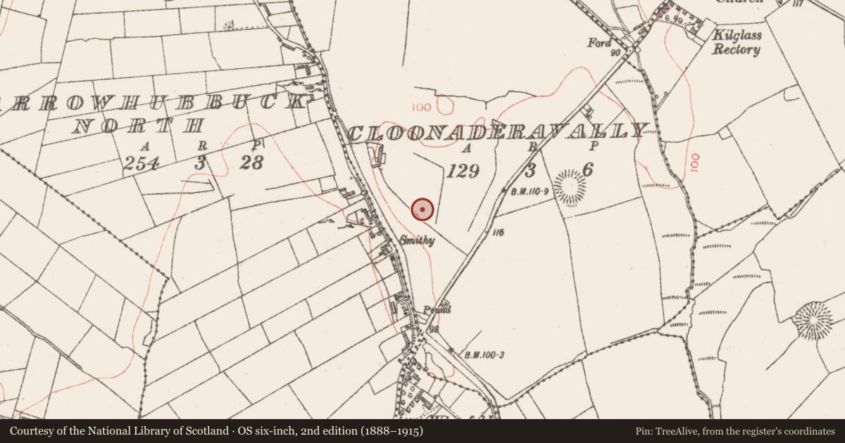 Ordnance Survey six-inch map, 2nd edition (1888–1915) covering the location of Mound, Cloonaderavally, County Sligo, with a pin at the register's coordinates