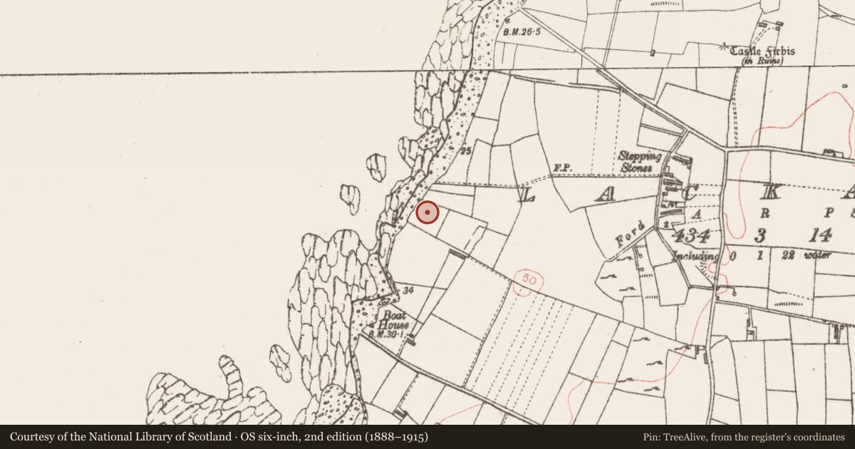 Ordnance Survey six-inch map, 2nd edition (1888–1915) covering the location of Burial, Lackan, County Sligo, with a pin at the register's coordinates