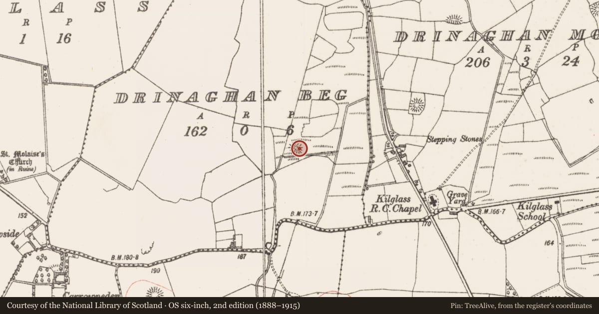 Ordnance Survey six-inch map, 2nd edition (1888–1915) covering the location of Enclosure, Drinaghan Beg, County Sligo, with a pin at the register's coordinates