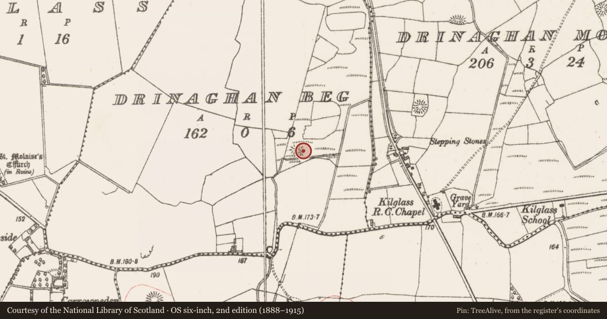 Ordnance Survey six-inch map, 2nd edition (1888–1915) covering the location of Hut site, Drinaghan Beg, County Sligo, with a pin at the register's coordinates