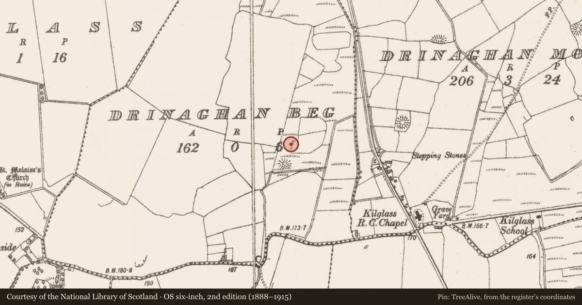 Ordnance Survey six-inch map, 2nd edition (1888–1915) covering the location of Hut site, Drinaghan Beg, County Sligo, with a pin at the register's coordinates