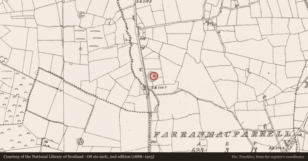 Ordnance Survey six-inch map, 2nd edition (1888–1915) covering the location of Moated site, Farranmacfarrell, County Sligo, with a pin at the register's coordinates