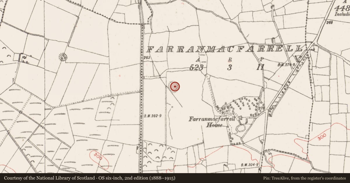 Ordnance Survey six-inch map, 2nd edition (1888–1915) covering the location of Ringfort - rath, Farranmacfarrell, County Sligo, with a pin at the register's coordinates