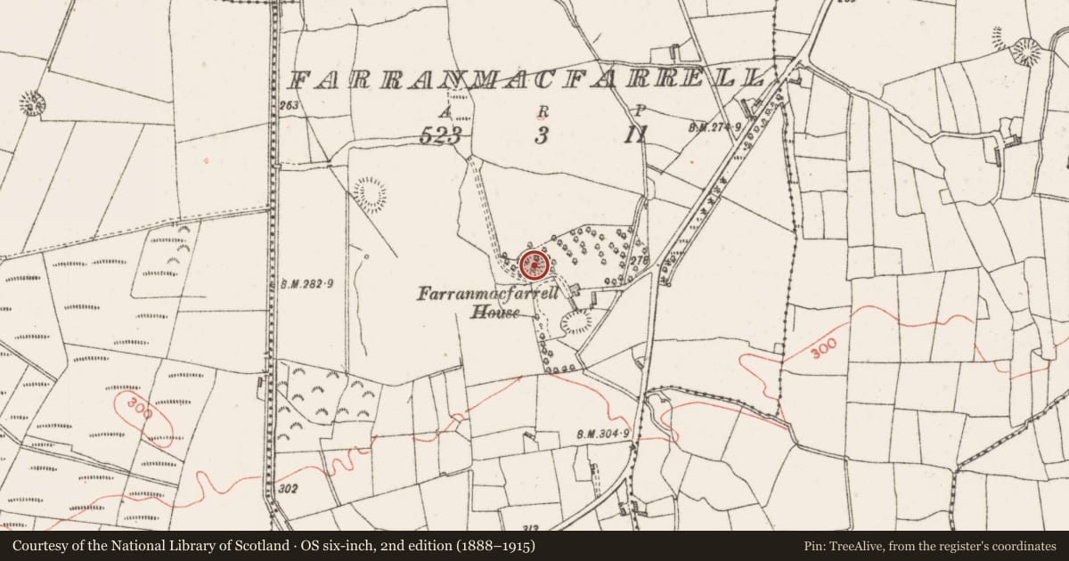 Ordnance Survey six-inch map, 2nd edition (1888–1915) covering the location of Designed landscape - tree-ring, Farranmacfarrell, County Sligo, with a pin at the register's coordinates
