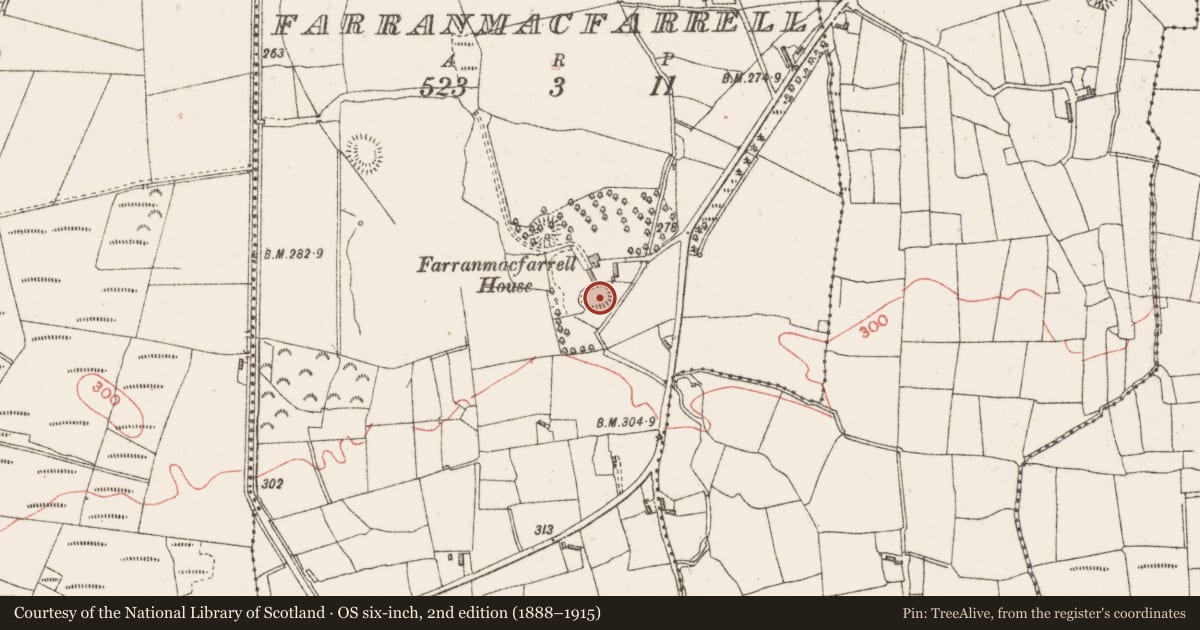 Ordnance Survey six-inch map, 2nd edition (1888–1915) covering the location of Designed landscape - tree-ring, Farranmacfarrell, County Sligo, with a pin at the register's coordinates
