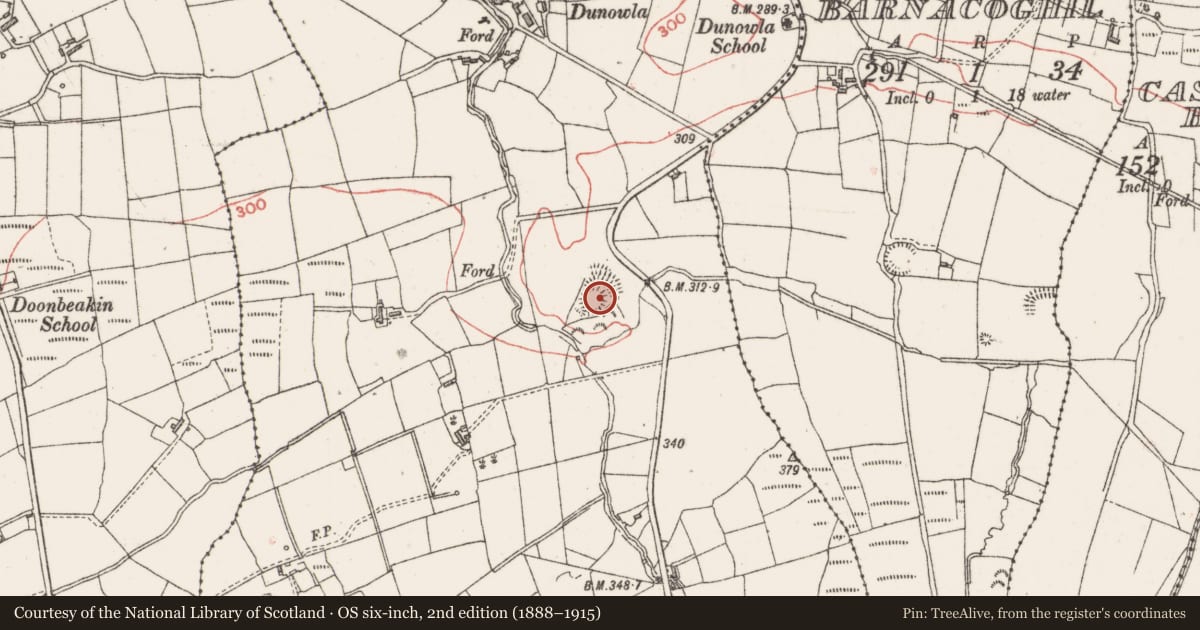 Ordnance Survey six-inch map, 2nd edition (1888–1915) covering the location of Cliff-edge fort, Dunowla, County Sligo, with a pin at the register's coordinates