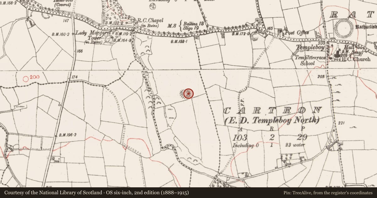 Ordnance Survey six-inch map, 2nd edition (1888–1915) covering the location of Souterrain, Cashelboy, County Sligo, with a pin at the register's coordinates