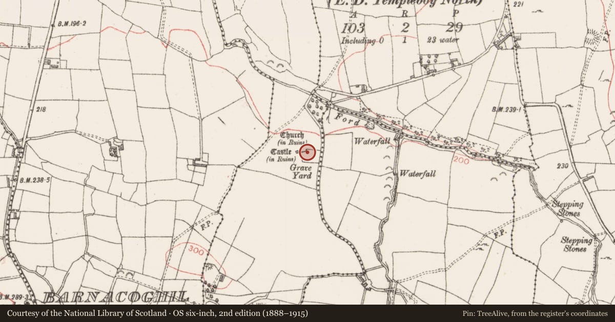 Ordnance Survey six-inch map, 2nd edition (1888–1915) covering the location of Church, Cashelboy, County Sligo, with a pin at the register's coordinates