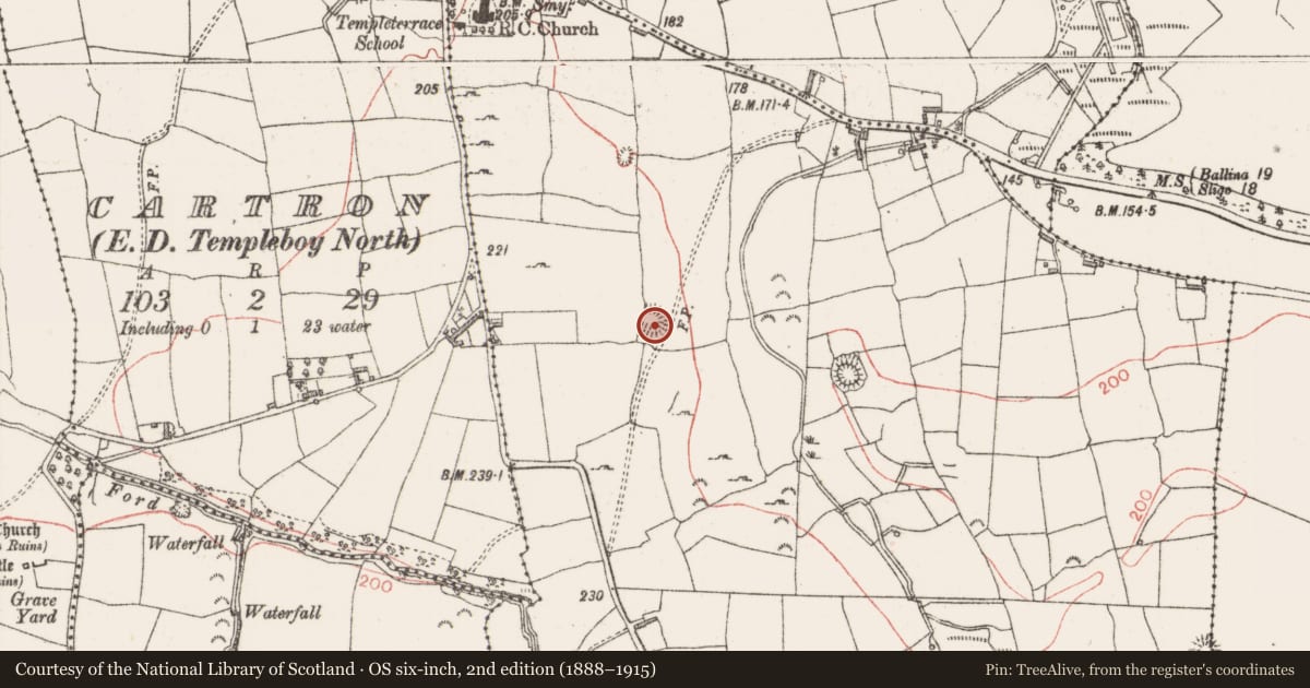 Ordnance Survey six-inch map, 2nd edition (1888–1915) covering the location of Enclosure, Lugdoon, County Sligo, with a pin at the register's coordinates