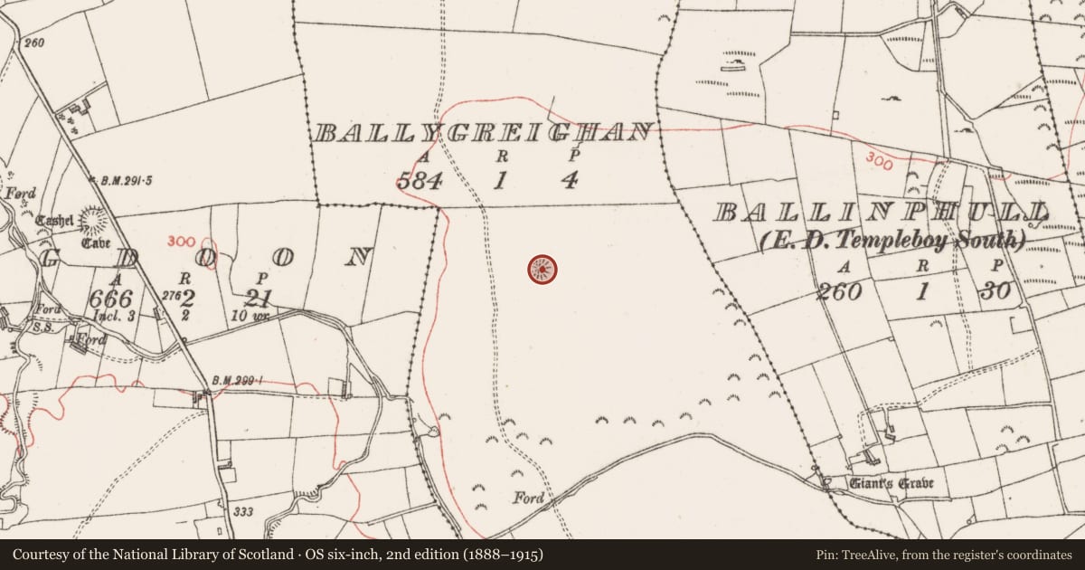 Ordnance Survey six-inch map, 2nd edition (1888–1915) covering the location of Ringfort - rath, Ballygreighan, County Sligo, with a pin at the register's coordinates