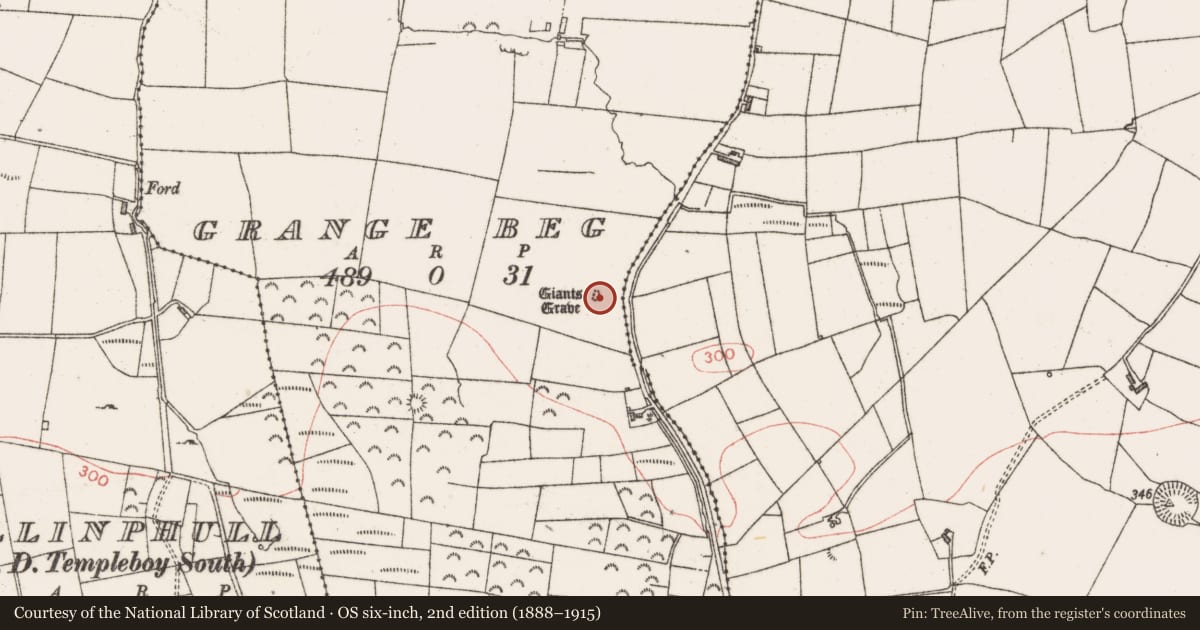 Ordnance Survey six-inch map, 2nd edition (1888–1915) covering the location of Megalithic tomb - wedge tomb, Grange Beg, County Sligo, with a pin at the register's coordinates
