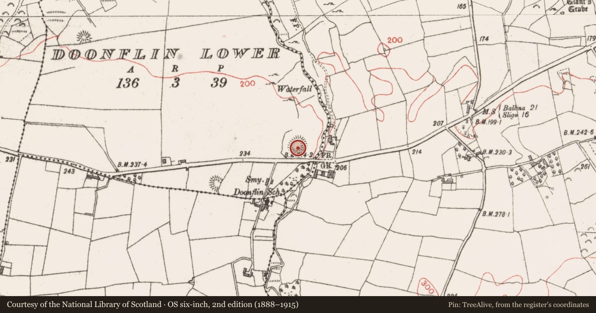 Ordnance Survey six-inch map, 2nd edition (1888–1915) covering the location of Enclosure, Doonflin Lower, County Sligo, with a pin at the register's coordinates
