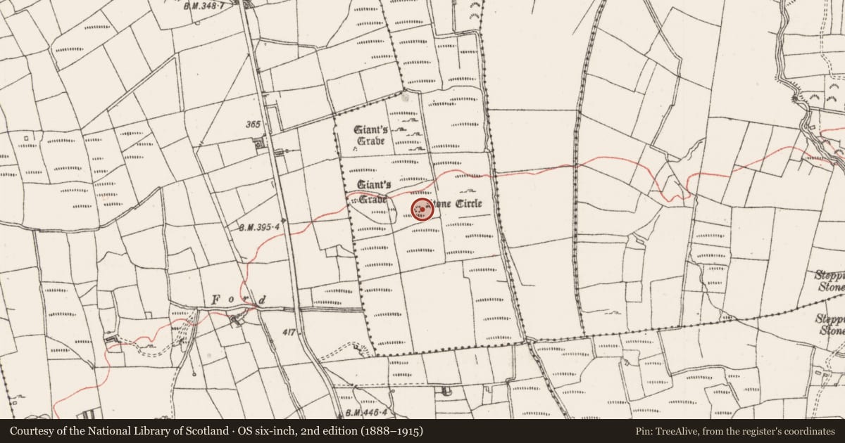 Ordnance Survey six-inch map, 2nd edition (1888–1915) covering the location of Stone circle, Barnacoghil, County Sligo, with a pin at the register's coordinates
