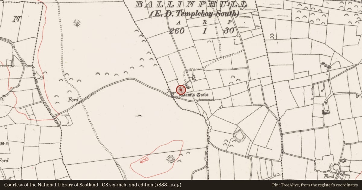 Ordnance Survey six-inch map, 2nd edition (1888–1915) covering the location of Megalithic tomb - unclassified, Ballinphull, County Sligo, with a pin at the register's coordinates