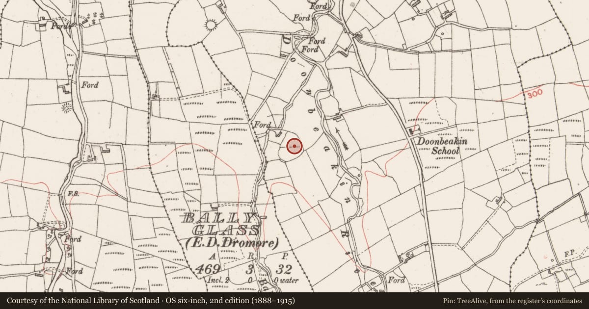 Ordnance Survey six-inch map, 2nd edition (1888–1915) covering the location of Enclosure, Doonbeakin, County Sligo, with a pin at the register's coordinates