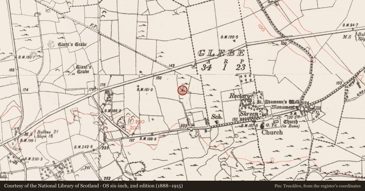 Ordnance Survey six-inch map, 2nd edition (1888–1915) covering the location of Enclosure, Farranyharpy, County Sligo, with a pin at the register's coordinates