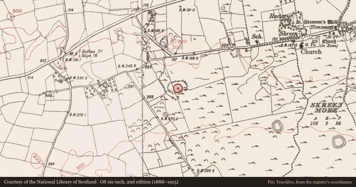 Ordnance Survey six-inch map, 2nd edition (1888–1915) covering the location of Enclosure, Farranyharpy, County Sligo, with a pin at the register's coordinates