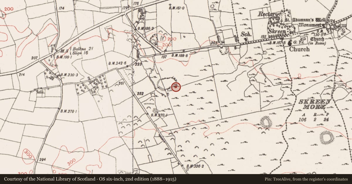 Ordnance Survey six-inch map, 2nd edition (1888–1915) covering the location of Hut site, Farranyharpy, County Sligo, with a pin at the register's coordinates