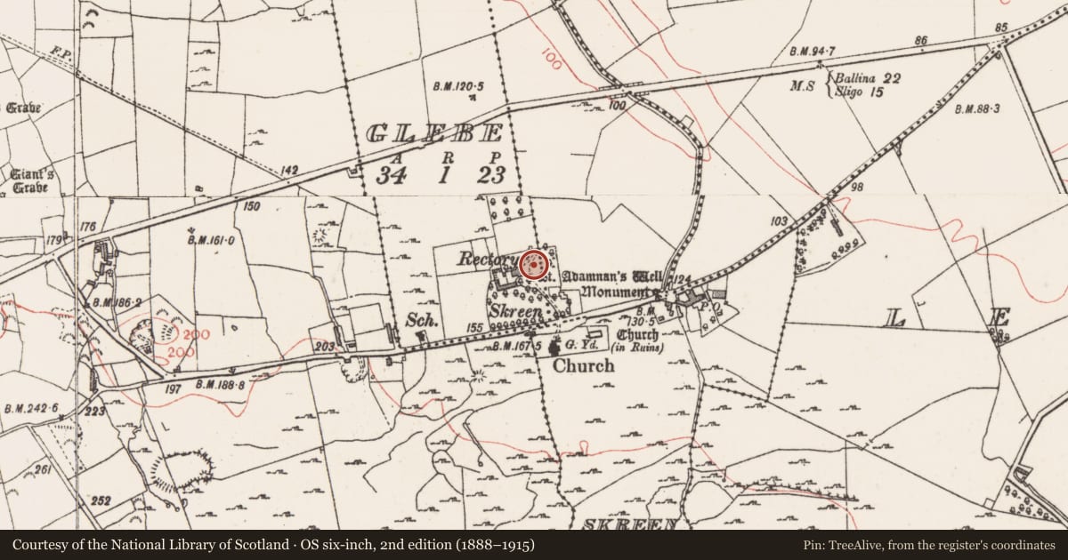 Ordnance Survey six-inch map, 2nd edition (1888–1915) covering the location of Habitation site, Glebe, County Sligo, with a pin at the register's coordinates