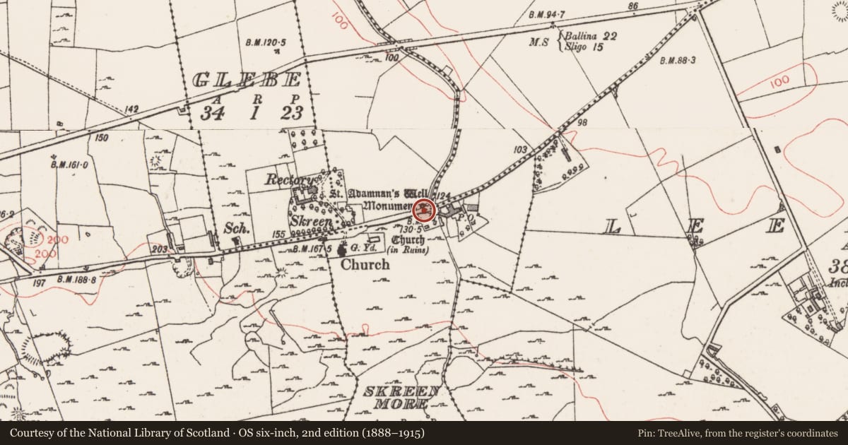 Ordnance Survey six-inch map, 2nd edition (1888–1915) covering the location of Ritual site - holy well, Skreen More, County Sligo, with a pin at the register's coordinates