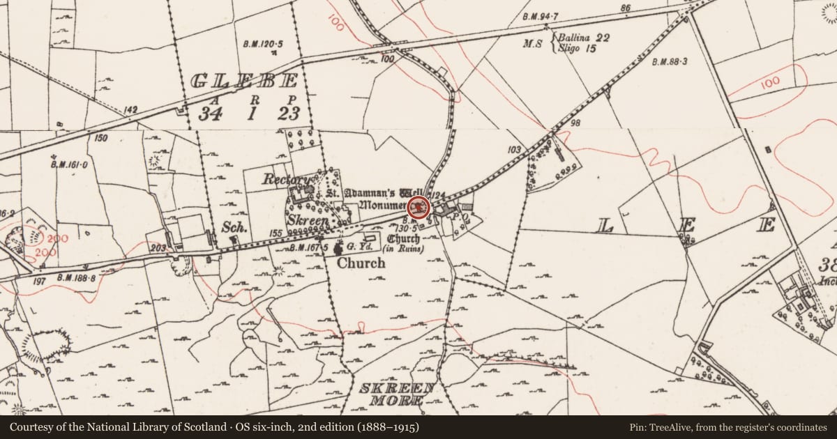 Ordnance Survey six-inch map, 2nd edition (1888–1915) covering the location of Monumental structure, Skreen More, County Sligo, with a pin at the register's coordinates