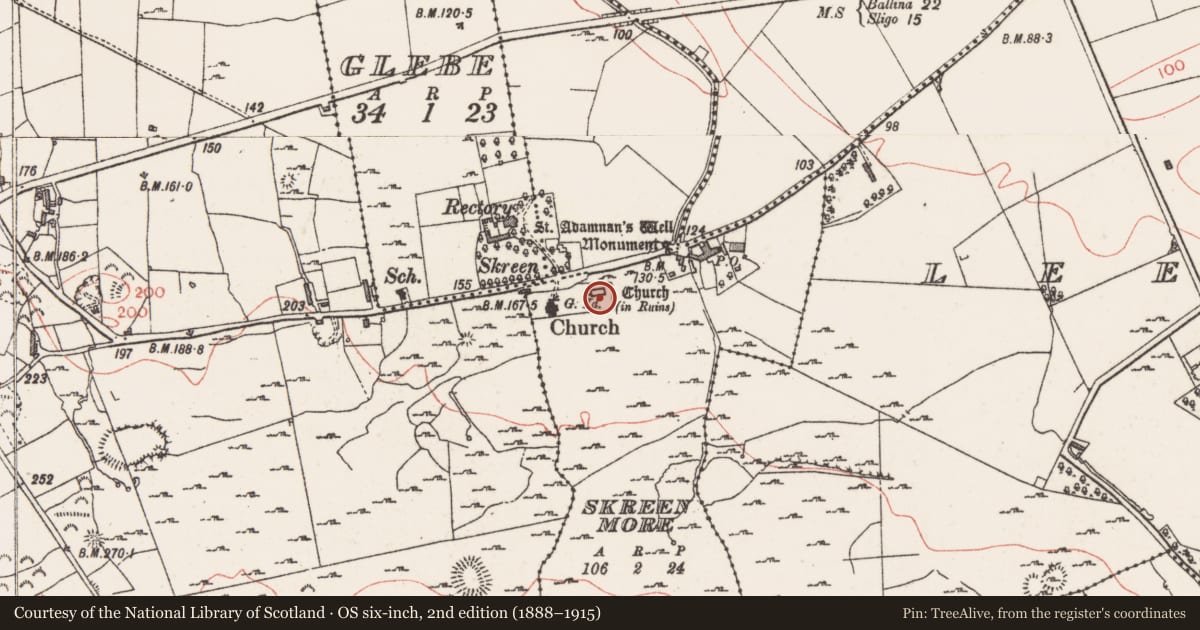 Ordnance Survey six-inch map, 2nd edition (1888–1915) covering the location of Church, Skreen More, County Sligo, with a pin at the register's coordinates