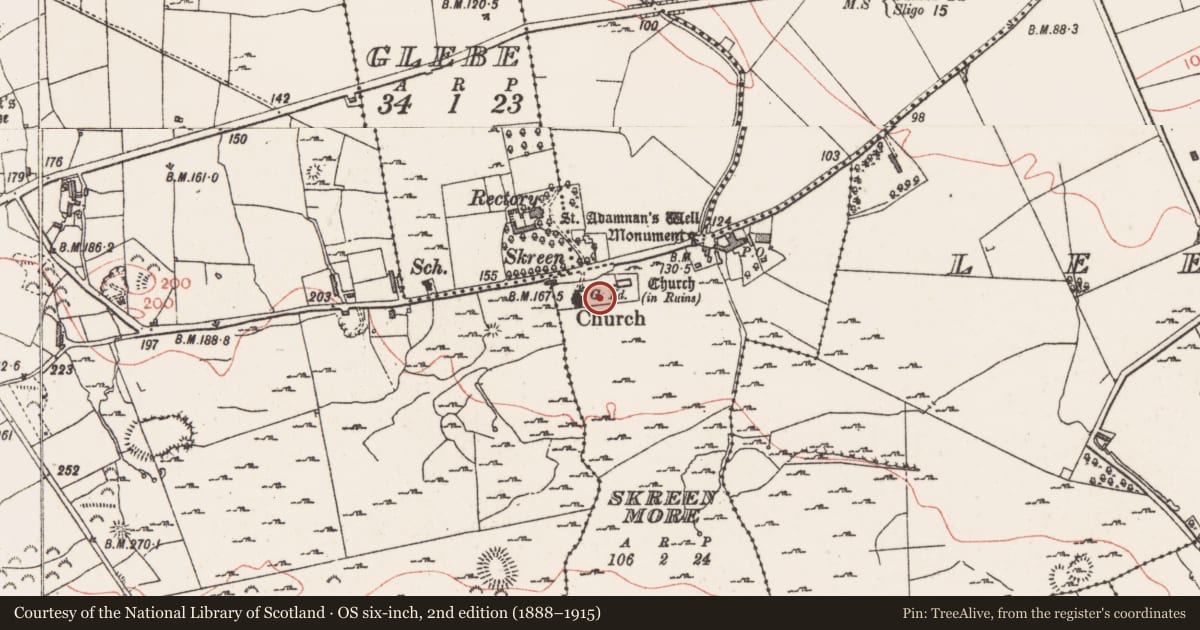 Ordnance Survey six-inch map, 2nd edition (1888–1915) covering the location of Graveyard, Skreen More, County Sligo, with a pin at the register's coordinates