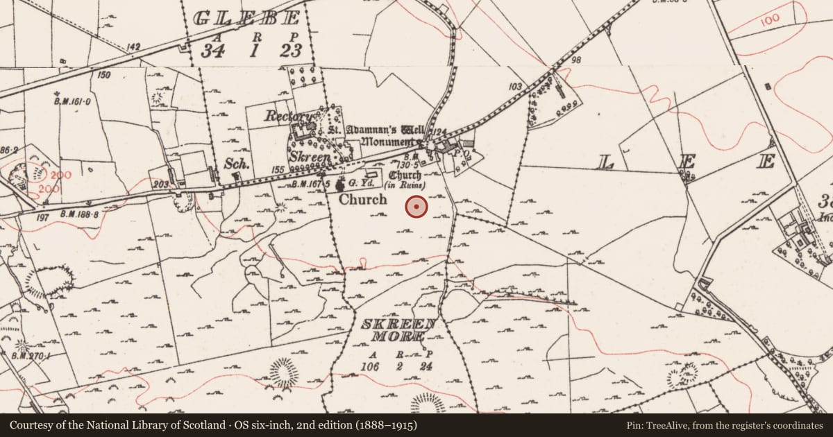 Ordnance Survey six-inch map, 2nd edition (1888–1915) covering the location of Enclosure, Skreen More, County Sligo, with a pin at the register's coordinates
