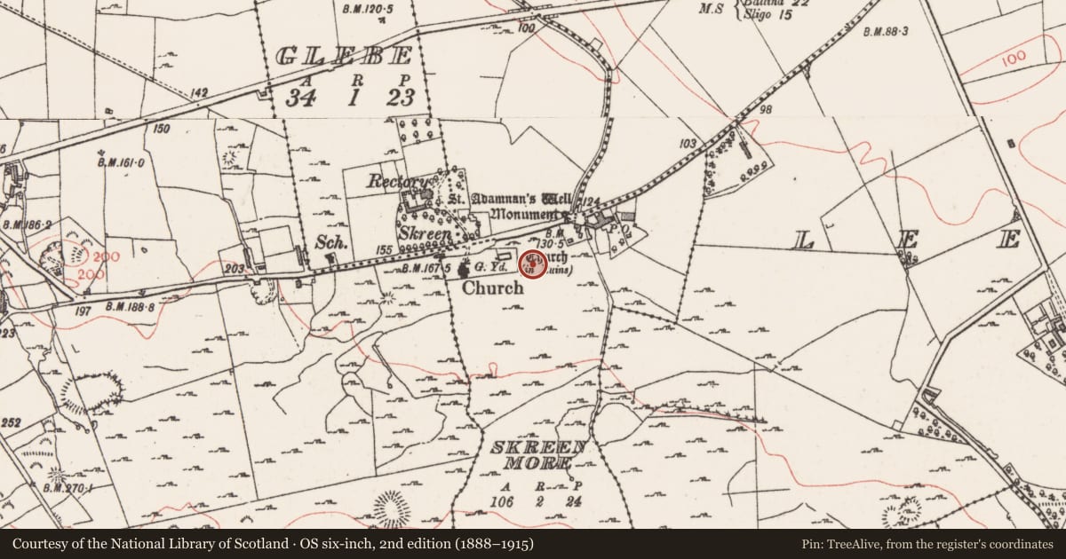 Ordnance Survey six-inch map, 2nd edition (1888–1915) covering the location of Hut site, Skreen More, County Sligo, with a pin at the register's coordinates