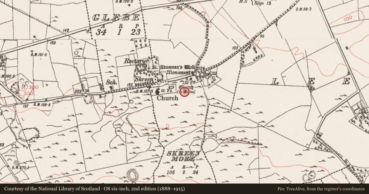 Ordnance Survey six-inch map, 2nd edition (1888–1915) covering the location of Hut site, Skreen More, County Sligo, with a pin at the register's coordinates