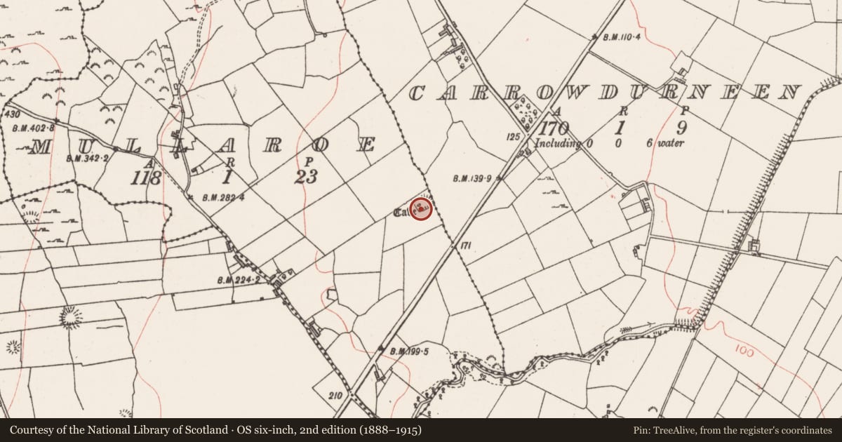 Ordnance Survey six-inch map, 2nd edition (1888–1915) covering the location of Souterrain, Mullaroe, County Sligo, with a pin at the register's coordinates