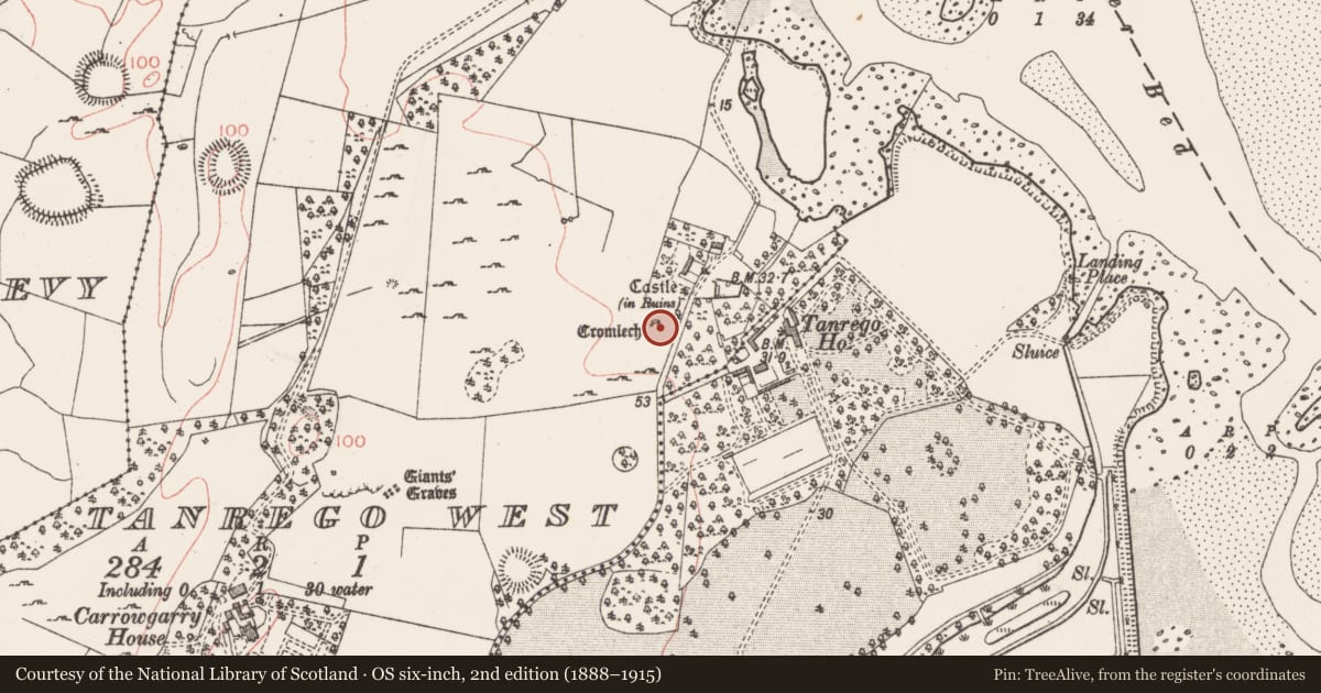Ordnance Survey six-inch map, 2nd edition (1888–1915) covering the location of Megalithic structure, Tanrego West, County Sligo, with a pin at the register's coordinates
