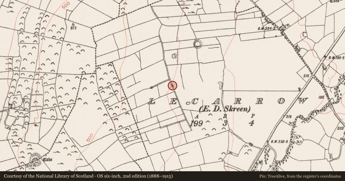 Ordnance Survey six-inch map, 2nd edition (1888–1915) covering the location of Enclosure, Lecarrow, County Sligo, with a pin at the register's coordinates