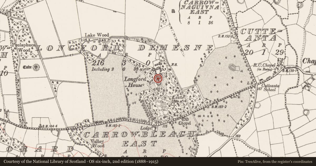 Ordnance Survey six-inch map, 2nd edition (1888–1915) covering the location of House - 18th/19th century, Longford Demesne, County Sligo, with a pin at the register's coordinates