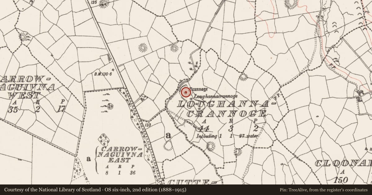 Ordnance Survey six-inch map, 2nd edition (1888–1915) covering the location of Crannog, Loughannacrannoge, County Sligo, with a pin at the register's coordinates