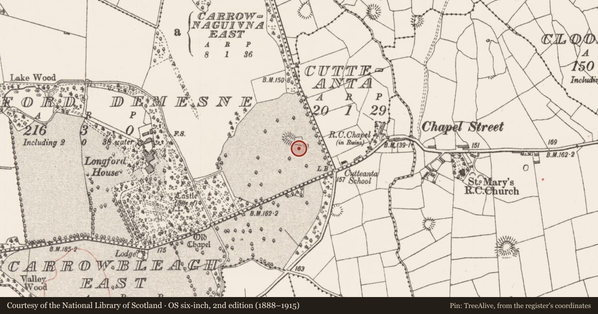 Ordnance Survey six-inch map, 2nd edition (1888–1915) covering the location of Souterrain, Longford Demesne, County Sligo, with a pin at the register's coordinates