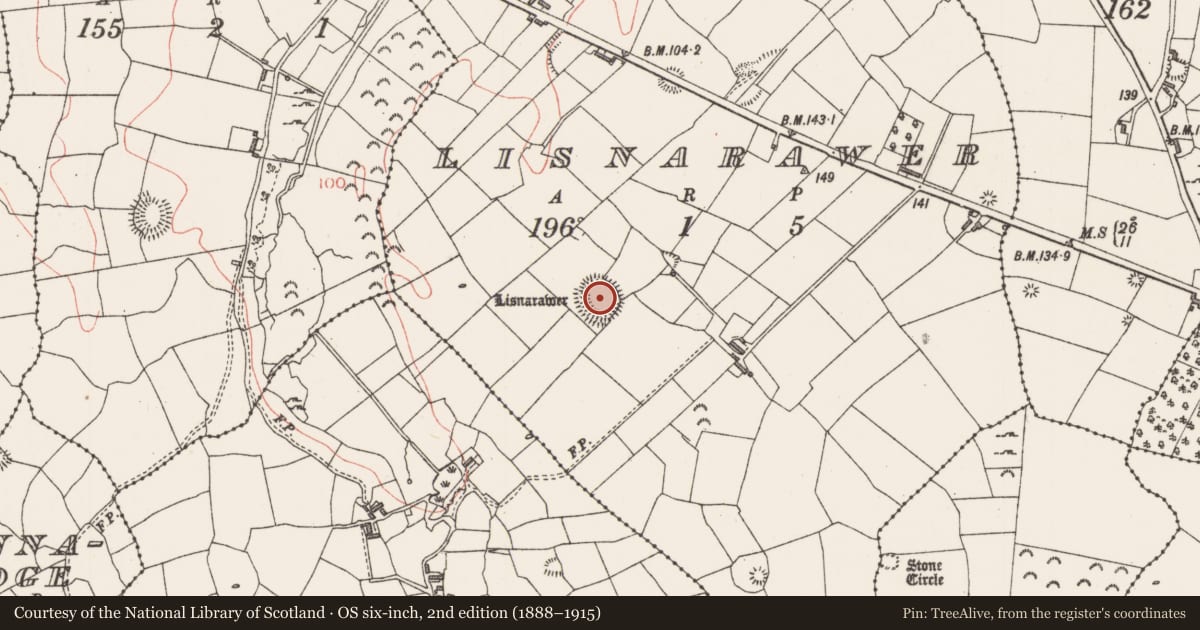 Ordnance Survey six-inch map, 2nd edition (1888–1915) covering the location of Ringfort - rath, Lisnarawer, County Sligo, with a pin at the register's coordinates