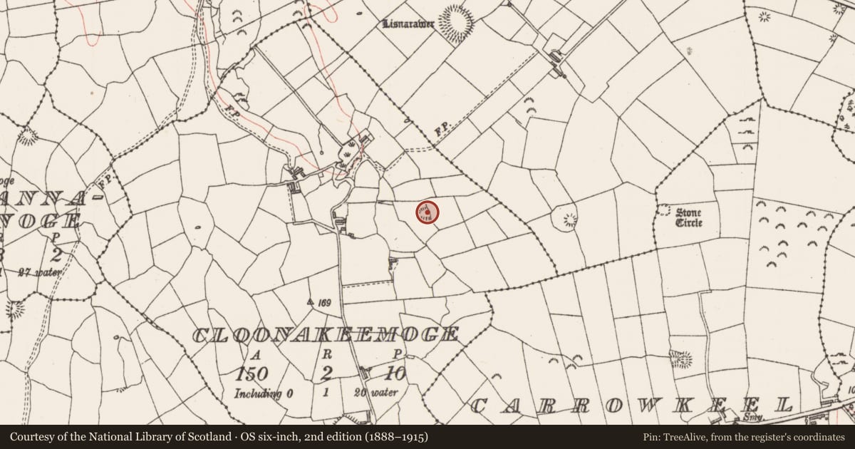 Ordnance Survey six-inch map, 2nd edition (1888–1915) covering the location of Enclosure, Cloonakeemoge, County Sligo, with a pin at the register's coordinates