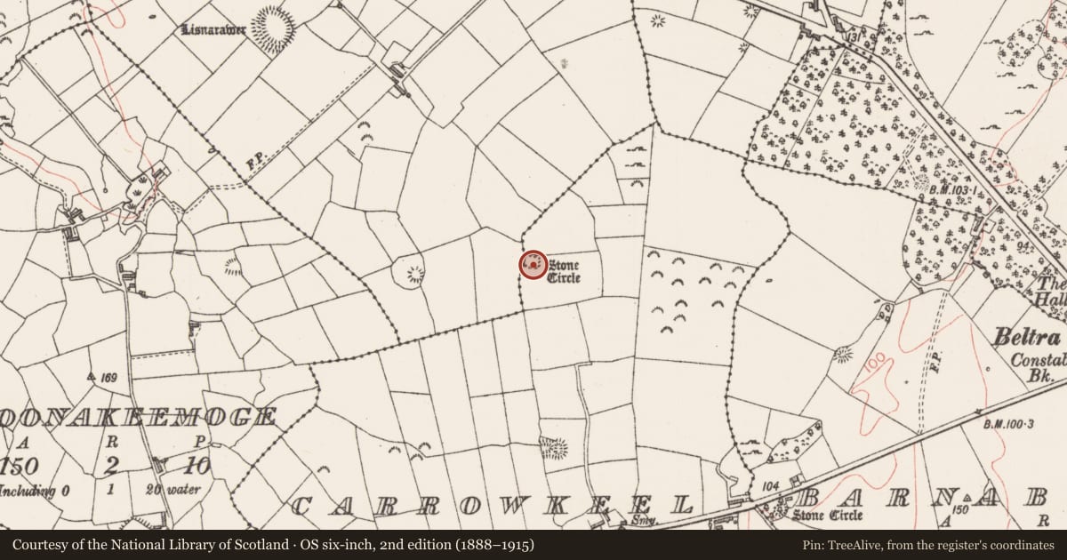 Ordnance Survey six-inch map, 2nd edition (1888–1915) covering the location of Stone circle, Carrowkeel, County Sligo, with a pin at the register's coordinates