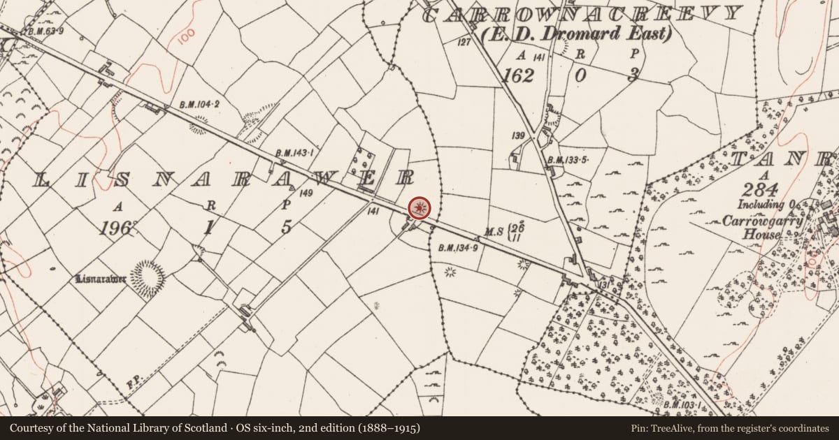 Ordnance Survey six-inch map, 2nd edition (1888–1915) covering the location of Barrow - unclassified, Lisnarawer, County Sligo, with a pin at the register's coordinates