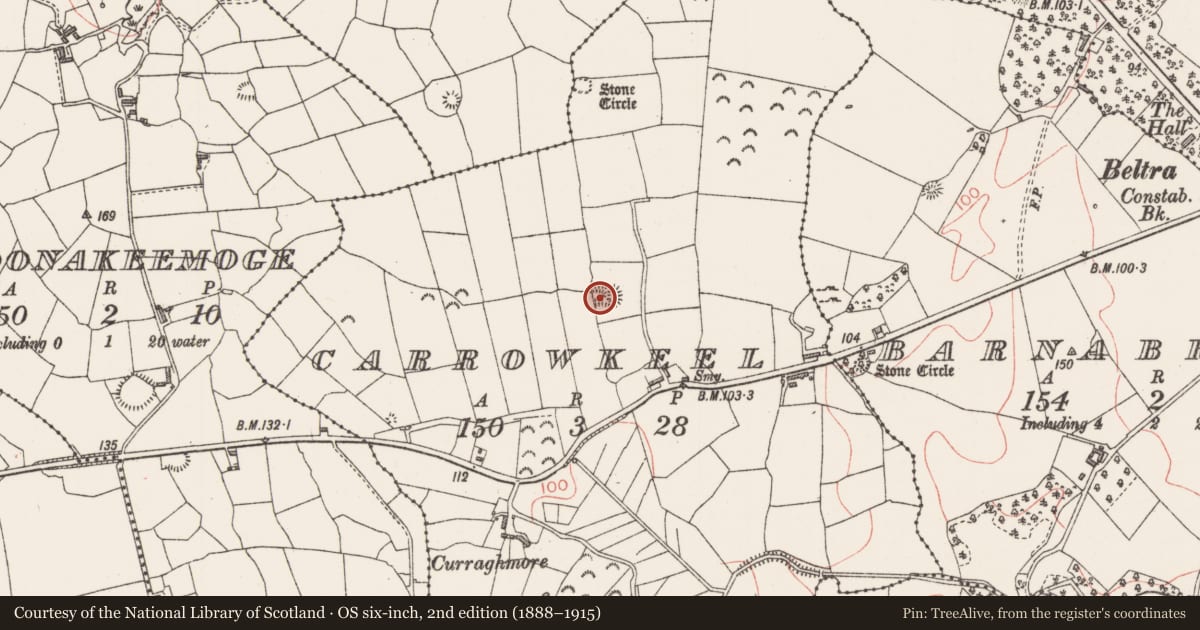 Ordnance Survey six-inch map, 2nd edition (1888–1915) covering the location of Enclosure, Carrowkeel, County Sligo, with a pin at the register's coordinates