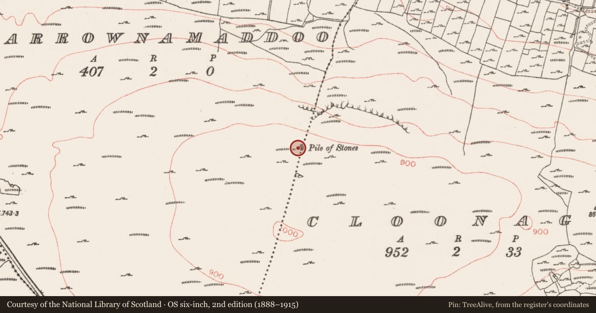 Ordnance Survey six-inch map, 2nd edition (1888–1915) covering the location of Cairn - unclassified, Carrownamaddoo, County Sligo, with a pin at the register's coordinates