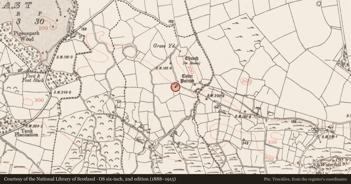 Ordnance Survey six-inch map, 2nd edition (1888–1915) covering the location of Crucifixion plaque, Dromard, County Sligo, with a pin at the register's coordinates