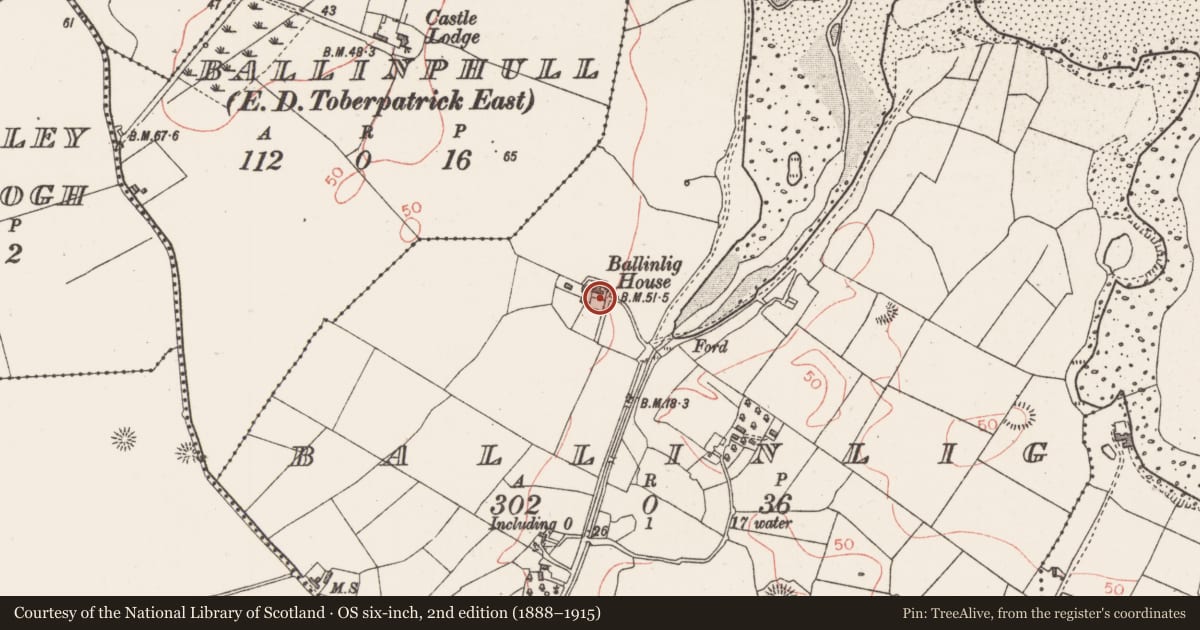 Ordnance Survey six-inch map, 2nd edition (1888–1915) covering the location of Font, Ballinlig, County Sligo, with a pin at the register's coordinates