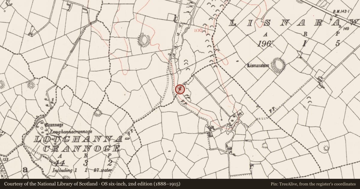 Ordnance Survey six-inch map, 2nd edition (1888–1915) covering the location of Burnt mound, Cloonakeemoge, County Sligo, with a pin at the register's coordinates
