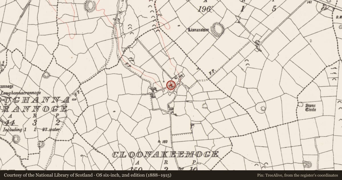 Ordnance Survey six-inch map, 2nd edition (1888–1915) covering the location of Burnt mound, Cloonakeemoge, County Sligo, with a pin at the register's coordinates