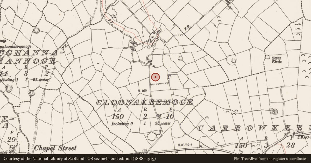 Ordnance Survey six-inch map, 2nd edition (1888–1915) covering the location of Enclosure, Cloonakeemoge, County Sligo, with a pin at the register's coordinates