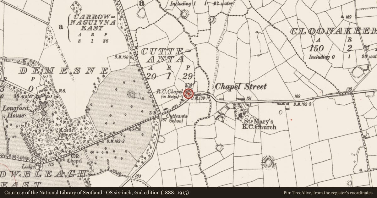 Ordnance Survey six-inch map, 2nd edition (1888–1915) covering the location of Church, Cutteanta, County Sligo, with a pin at the register's coordinates